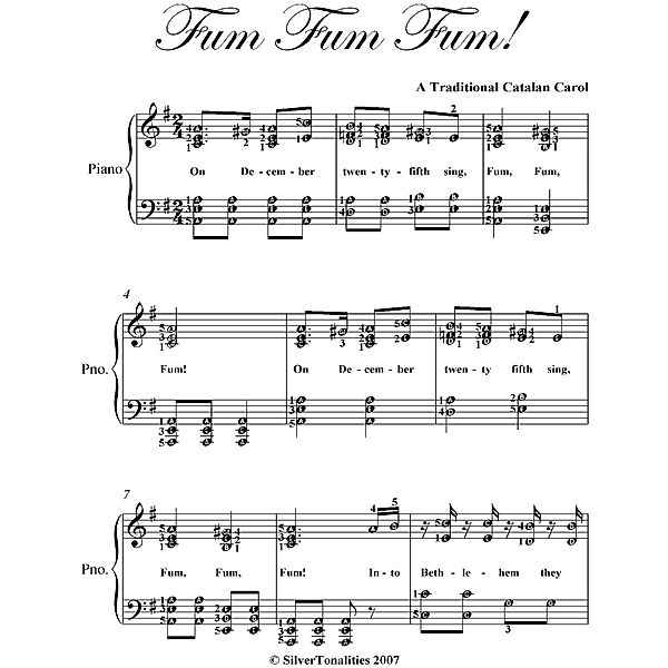 Fum Fum Fum Easy Intermediate Piano Sheet Music, Traditional Catalan Carol