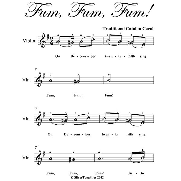 Fum Fum Fum Easy Violin Sheet Music, Traditional Catalan Carol