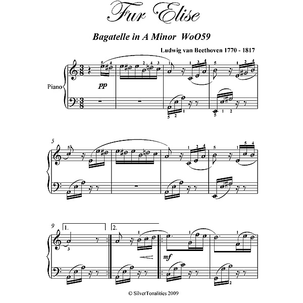 Fur Elise Intermediate Piano Sheet Music, LUDWIG VAN BEETHOVEN