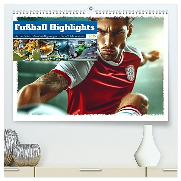 Fußball Highlights - Von der KI geschaffene Spielmomente (hochwertiger Premium Wandkalender 2025 DIN A2 quer), Kunstdruck in Hochglanz, Calvendo, Marco Warstat