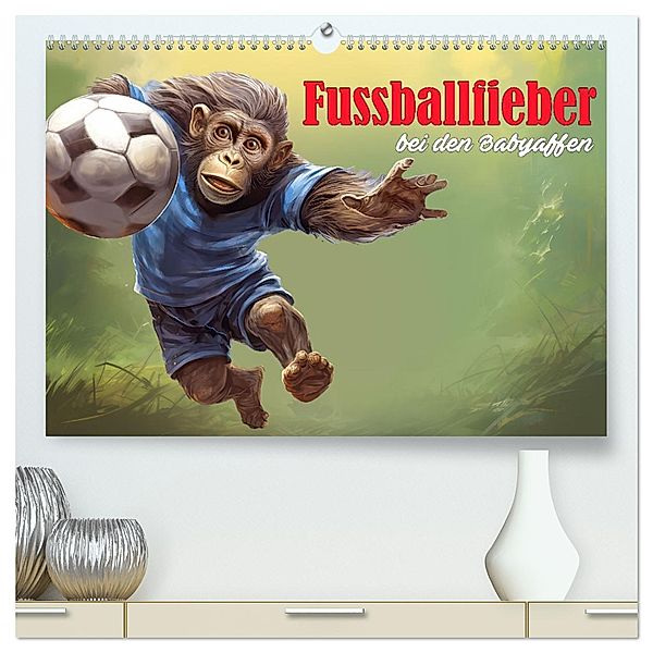 Fußballfieber bei den Babyaffen (hochwertiger Premium Wandkalender 2024 DIN A2 quer), Kunstdruck in Hochglanz, Calvendo, Liselotte Brunner-Klaus