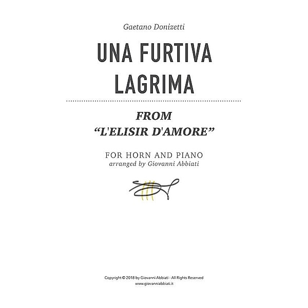 Gaetano Donizetti Una furtiva lagrima (from L'elisir d'amore) for horn and piano, Giovanni Abbiati