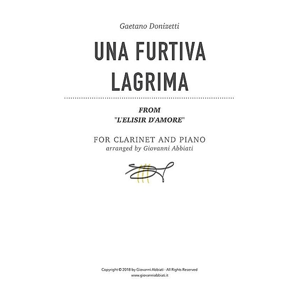 Gaetano Donizetti Una furtiva lagrima (from L'elisir d'amore) for Clarinet and Piano, Giovanni Abbiati
