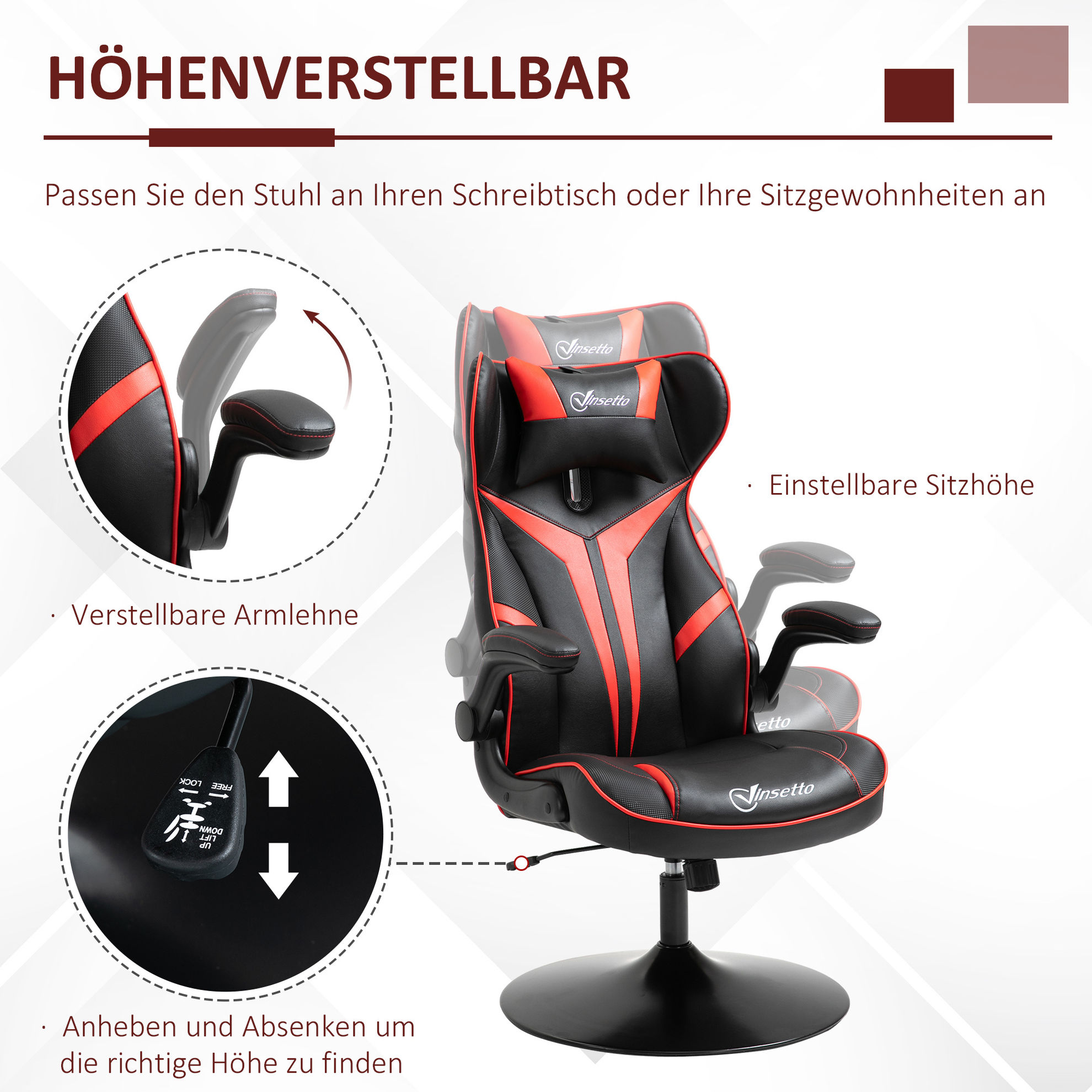 Home4You Gaming-Stuhl Rot, Schwarz, Kunstlederbezug, verstellbare  Armlehnen, mit Kissen