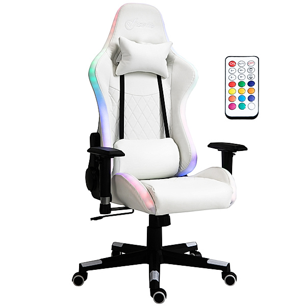 Gaming-Stuhl mit Kopfkissen, mit LED-Licht, mit Fernbedienung weiß (Farbe: weiß)