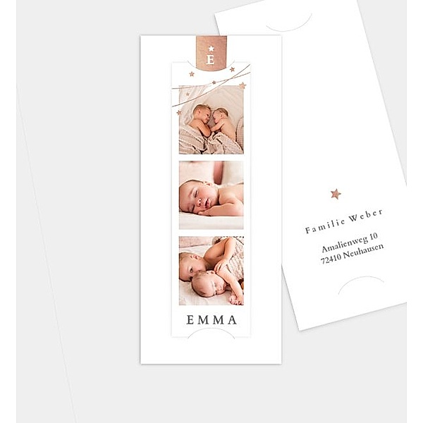 Geburtsanzeige Freudige Ankunft, Fotostreifen mit Tasche (90 x 210mm)