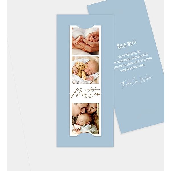 Geburtsanzeige Guter Start, Fotostreifen mit Tasche (90 x 210mm)