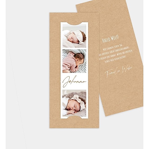 Geburtsanzeige Guter Start, Fotostreifen mit Tasche (90 x 210mm)