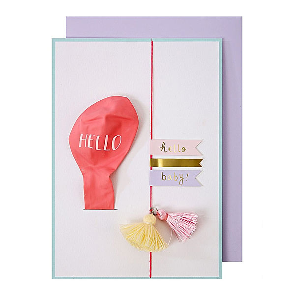 Meri Meri Geburtskarte HELLO BABY! mit Luftballon in pink/weiß