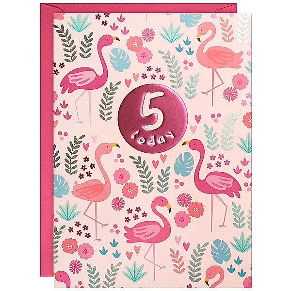 james ellis Geburtstagskarte 5 JAHRE – FLAMINGOS in pink