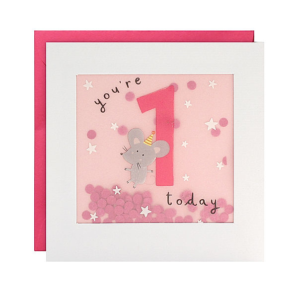 james ellis Geburtstagskarte SHAKIES 1 JAHR – MAUS in weiß/rosa