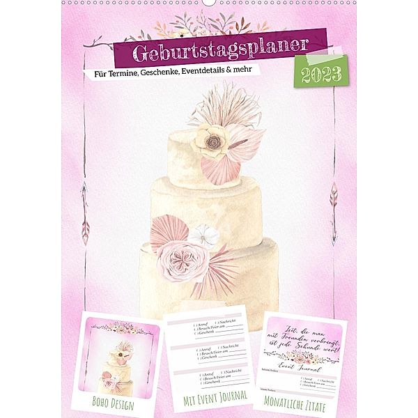 Geburtstagsplaner Boho Rosa - Für Termine, Geschenke, Eventdetails & mehr (Wandkalender 2023 DIN A2 hoch), MD-Publishing