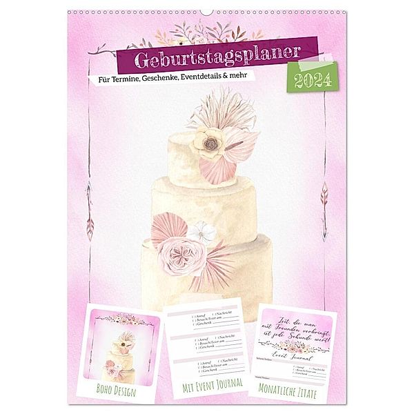 Geburtstagsplaner Boho Rosa - Für Termine, Geschenke, Eventdetails & mehr (Wandkalender 2024 DIN A2 hoch), CALVENDO Monatskalender, MD-Publishing