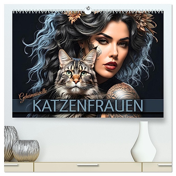 Geheimnisvolle Katzenfrauen (hochwertiger Premium Wandkalender 2024 DIN A2 quer), Kunstdruck in Hochglanz, Calvendo, Renate Utz