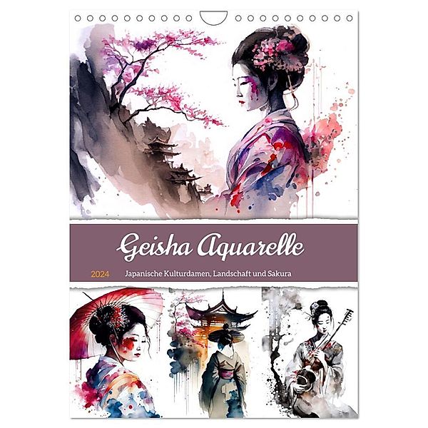 Geisha Aquarelle - Japanische Kulturdamen, Landschaft und Sakura (Wandkalender 2024 DIN A4 hoch), CALVENDO Monatskalender, Anja Frost