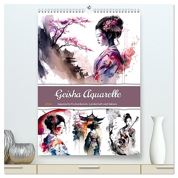 Geisha Aquarelle - Japanische Kulturdamen, Landschaft und Sakura (hochwertiger Premium Wandkalender 2024 DIN A2 hoch), Kunstdruck in Hochglanz, Anja Frost