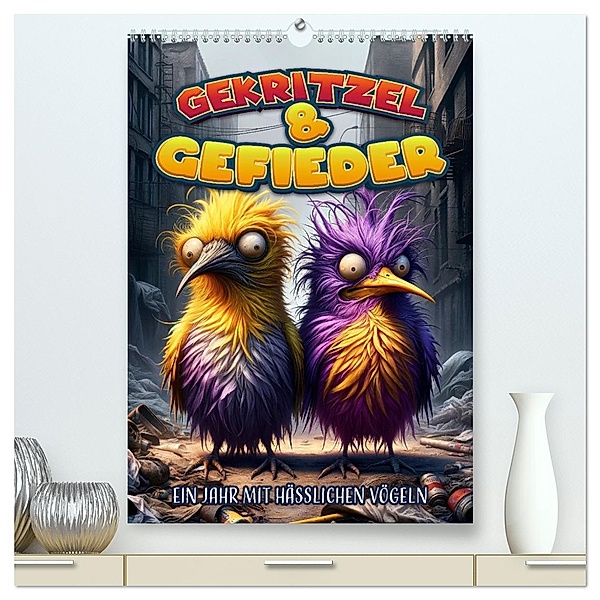 Gekritzel und Gefieder: Ein Jahr mit hässlichen Vögeln (hochwertiger Premium Wandkalender 2025 DIN A2 hoch), Kunstdruck in Hochglanz, Calvendo, artefacti