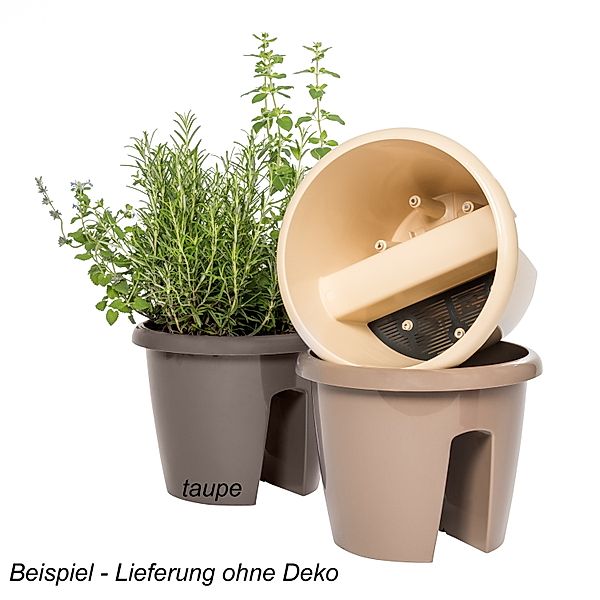 Geländertopf 27cm mit Wasserspeicher-System., passend für alle Geländer bis 5cm Breite,taupe. 2 er Set