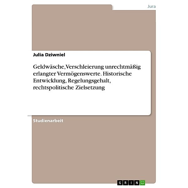 Geldwäsche, Verschleierung unrechtmässig erlangter Vermögenswerte. Historische Entwicklung, Regelungsgehalt, rechtspolitische Zielsetzung, Julia Dziwniel