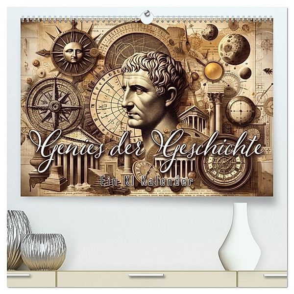 Genies der Geschichte - Ein KI Kalender (hochwertiger Premium Wandkalender 2025 DIN A2 quer), Kunstdruck in Hochglanz, Calvendo, artefacti