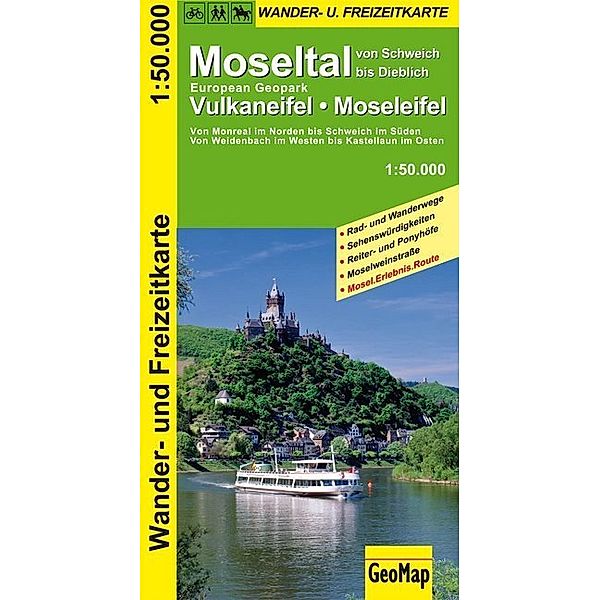 GeoMap Karte Moseltal von Schweich bis Dieblich, European Geopark Vulkaneifel, Moseleifel, Wander- und Freizeitkarte