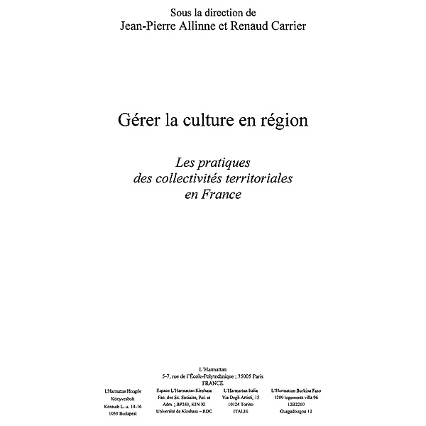 Gerer la culture en region / Hors-collection, Jean-Pierre Allinne