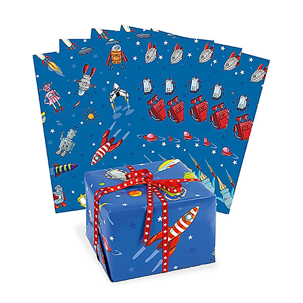 krima & isa Geschenkpapier RAUMFAHRT (69x49 cm) 3er-Set in blau