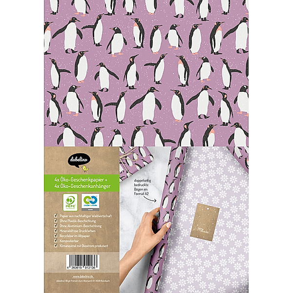 Geschenkpapier Set Weihnachten: Pinguine (lila, weiss) für Kinder