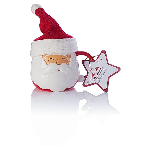 Geschenkset 3D Santa Tasse mit Stoffmütze & Trinkschokoladen-Pulver