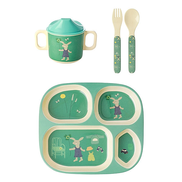 rice Geschirr-Set GREEN BUNNY PRINT 4-teilig in grün