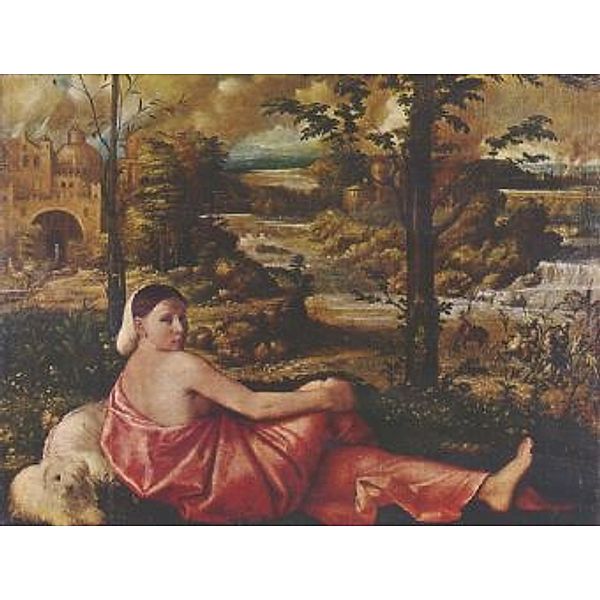 Giovanni Cariani - Ruhende Frau mit weißem Schoßhund in einer Landschaft - 1.000 Teile (Puzzle)