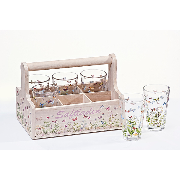 Gläser-Set Saftladen Schmetterling mit Holzträger