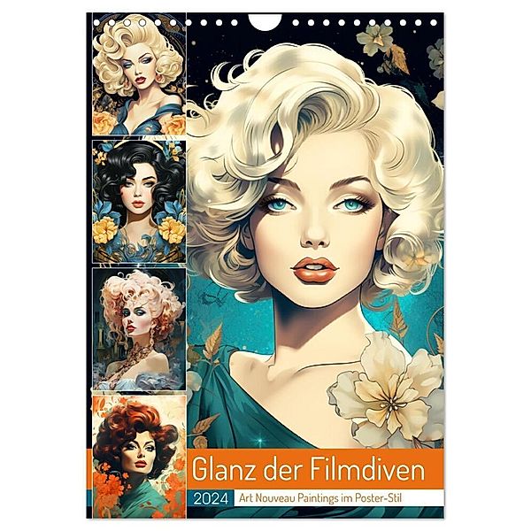 Glanz der Filmdiven. Art Nouveau Paintings im Poster-Stil (Wandkalender 2024 DIN A4 hoch), CALVENDO Monatskalender, Rose Hurley