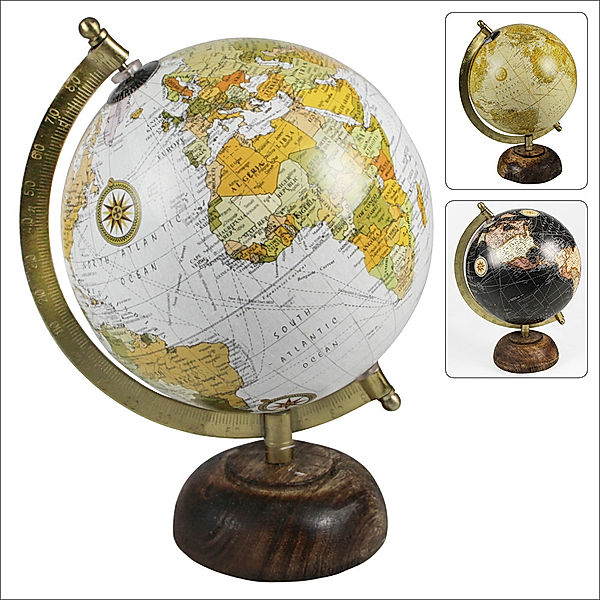 Globus, Naturfarben, sortiert, Standfuss aus echtem Holz, Metallaufhängung, Durchmesser ca. 18 cm