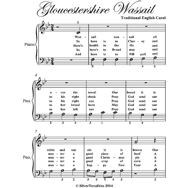 Gloucestershire Wassail Beginner Piano Sheet Music, Traditional English Carol