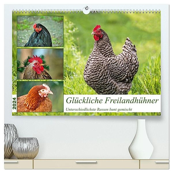 Glückliche Freilandhühner (hochwertiger Premium Wandkalender 2024 DIN A2 quer), Kunstdruck in Hochglanz, Claudia Kleemann