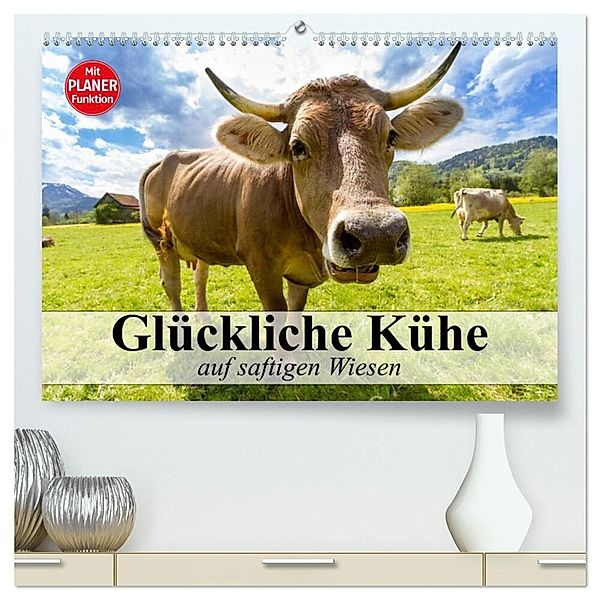 Glückliche Kühe auf saftigen Wiesen (hochwertiger Premium Wandkalender 2025 DIN A2 quer), Kunstdruck in Hochglanz, Calvendo, Elisabeth Stanzer