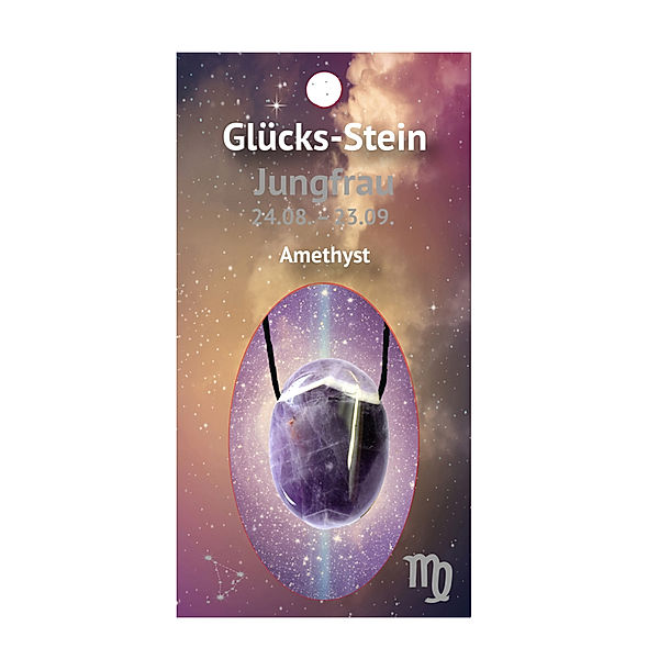 Glücksstein mit Band auf Astrokarte Jungfrau/Amethyst