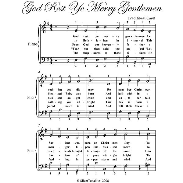 God Rest Ye Merry Gentlemen Easy Piano Sheet Music, Traditional Carol