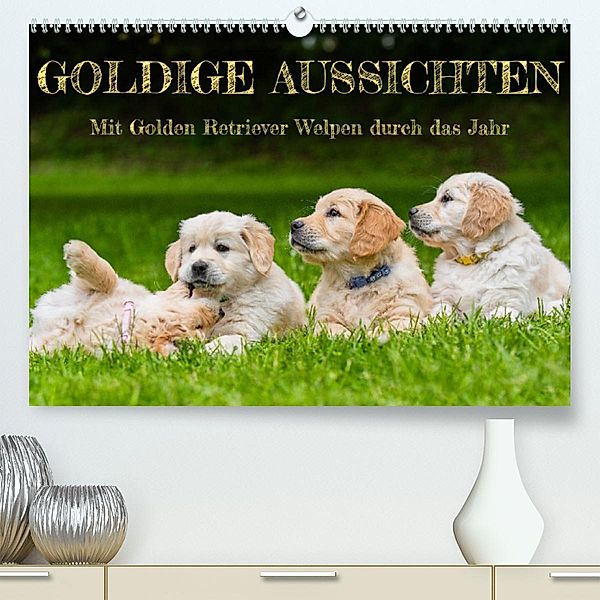 Goldige Aussichten - Mit Golden Retriever Welpen durch das Jahr (Premium, hochwertiger DIN A2 Wandkalender 2023, Kunstdr, Sigrid Starick