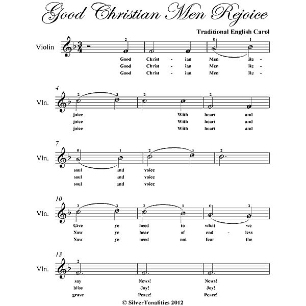 Good Christian Men Rejoice Easy Violin Sheet Music, Traditional English Carol