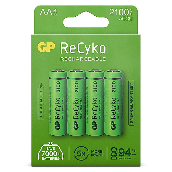 GP Batteries AA Akku ReCyko+ 2100mAh, 4er Set,  Wiederaufladbare Akkus