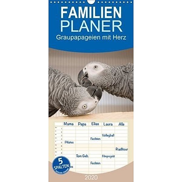 Graupapageien mit Herz - Familienplaner hoch (Wandkalender 2020 , 21 cm x 45 cm, hoch), Nadine Keller