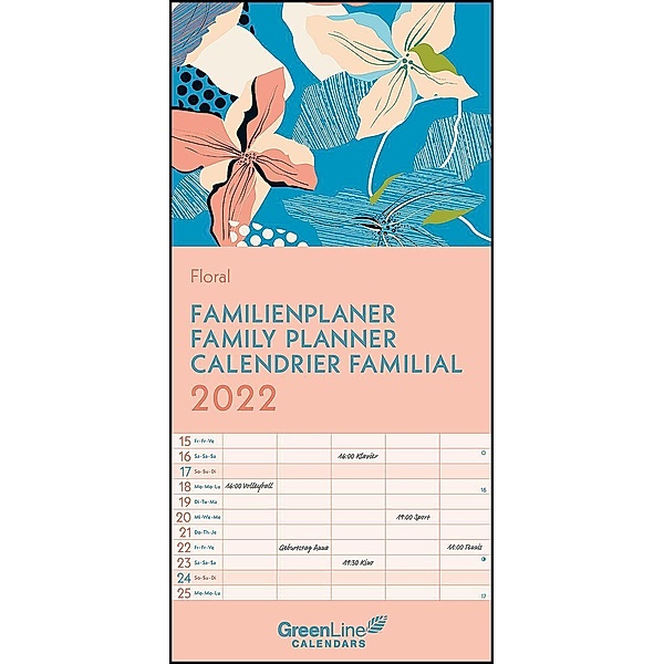 GreenLine Floral 2022 Familienplaner - Familien-Kalender - Kinder-Kalender - 22x45