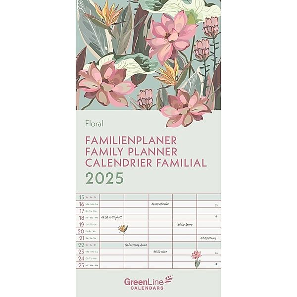 GreenLine - Floral 2025 Familienplaner, 22x45cm, Familienkalender mit effizienter Monatsaufteilung in 5 Spalten, für Familienorganisation, Schulferien und Stundenpläne, mit Spiralbindung