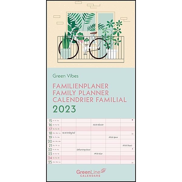 GreenLine Green Vibes 2023 Familienplaner - Familien-Kalender - Kinder-Kalender 22x45