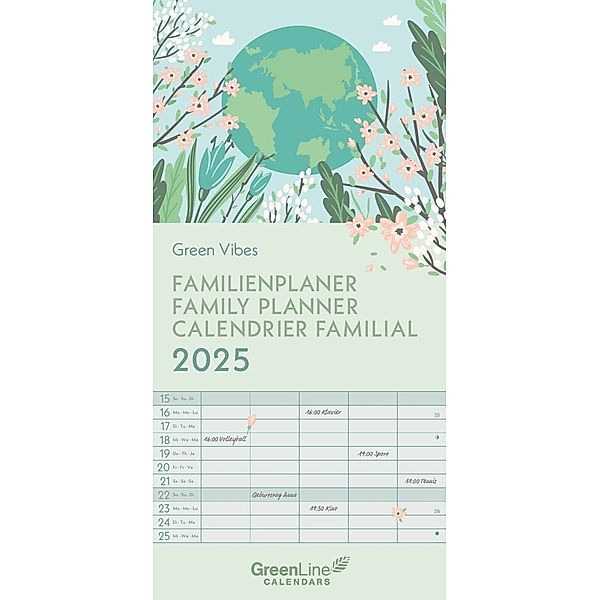 GreenLine - Green Vibes 2025 Familienplaner, 22x45cm, Familienkalender mit effizienter Monatsaufteilung in 5 Spalten, für Familienorganisation, Schulferien und Stundenpläne, mit Spiralbindung