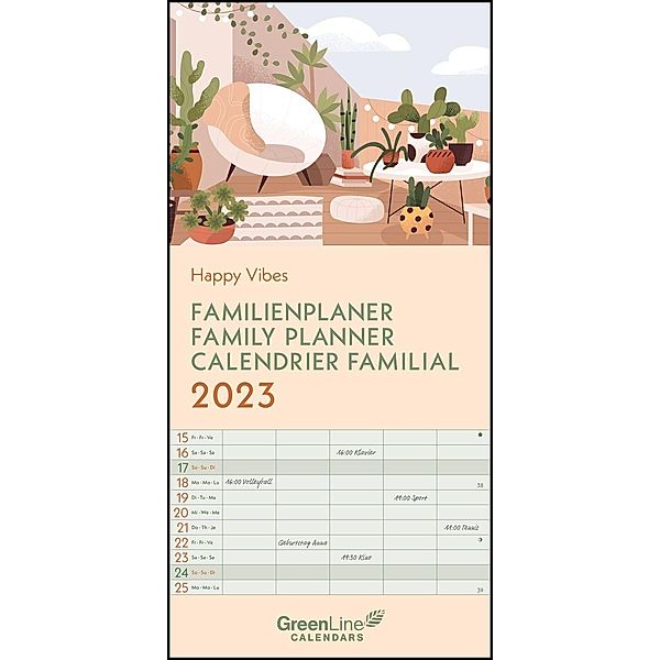 GreenLine Happy Vibes 2023 Familienplaner - Familien-Kalender - Wandkalender - 22x45