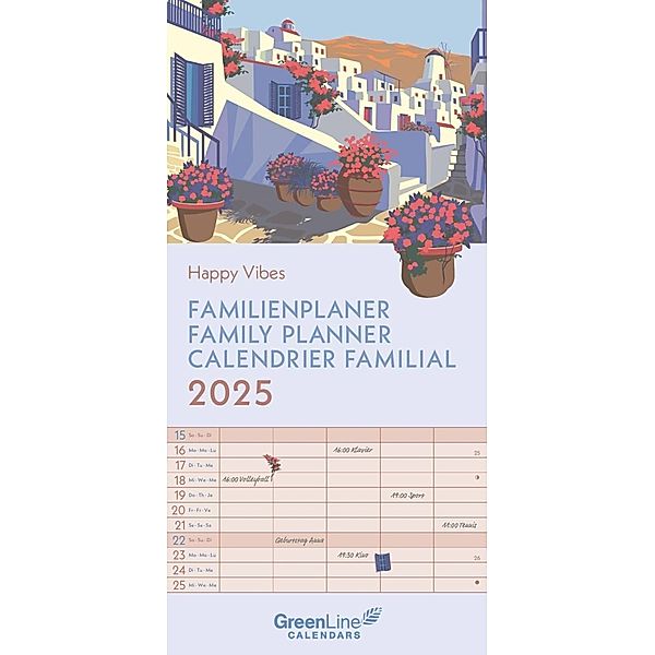 GreenLine - Happy Vibes 2025 Familienplaner, 22x45cm, Familienkalender mit effizienter Monatsaufteilung in 5 Spalten, für Familienorganisation, Schulferien und Stundenpläne, mit Spiralbindung