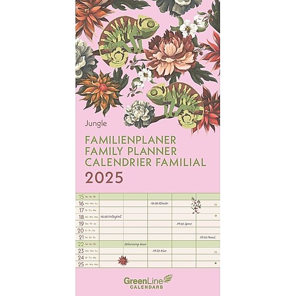 GreenLine - Jungle 2025 Familienplaner, 22x45cm, Familienkalender mit effizienter Monatsaufteilung in 5 Spalten, für Familienorganisation, Schulferien und Stundenpläne, mit Spiralbindung